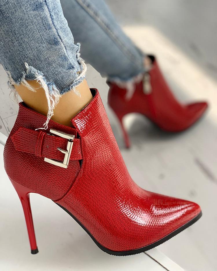 

Snakeskin Point Toe Thin Heeled Ankle Boots, Red