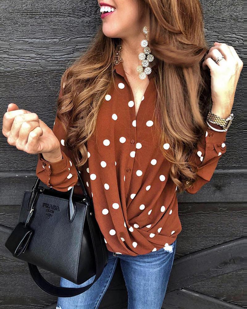 

Polka Dot Button-Up Top, Brown
