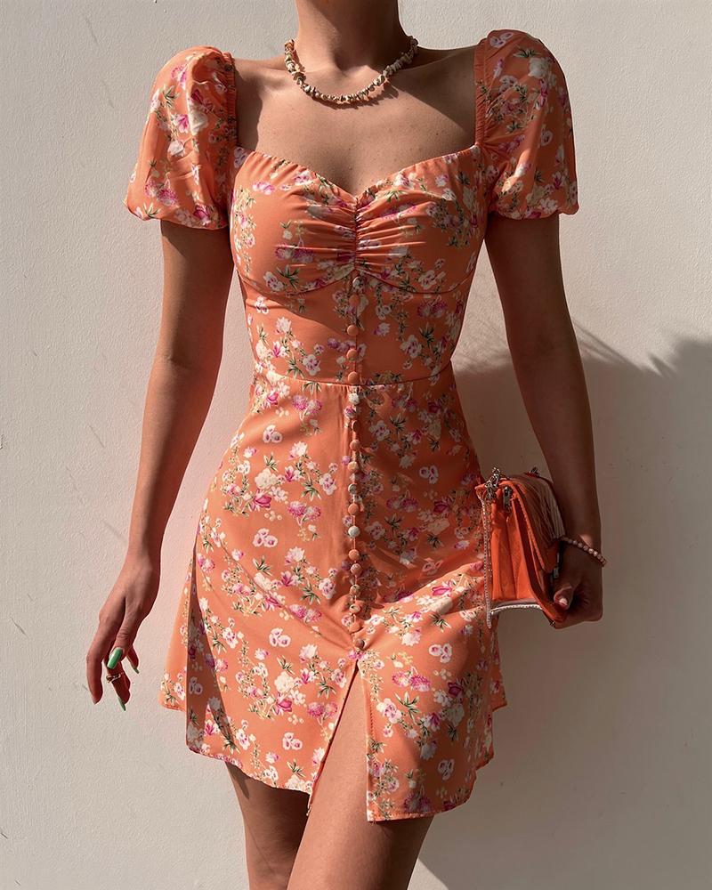 

Ditsy Floral Print Puff Sleeve Buttoned Dress, Orange