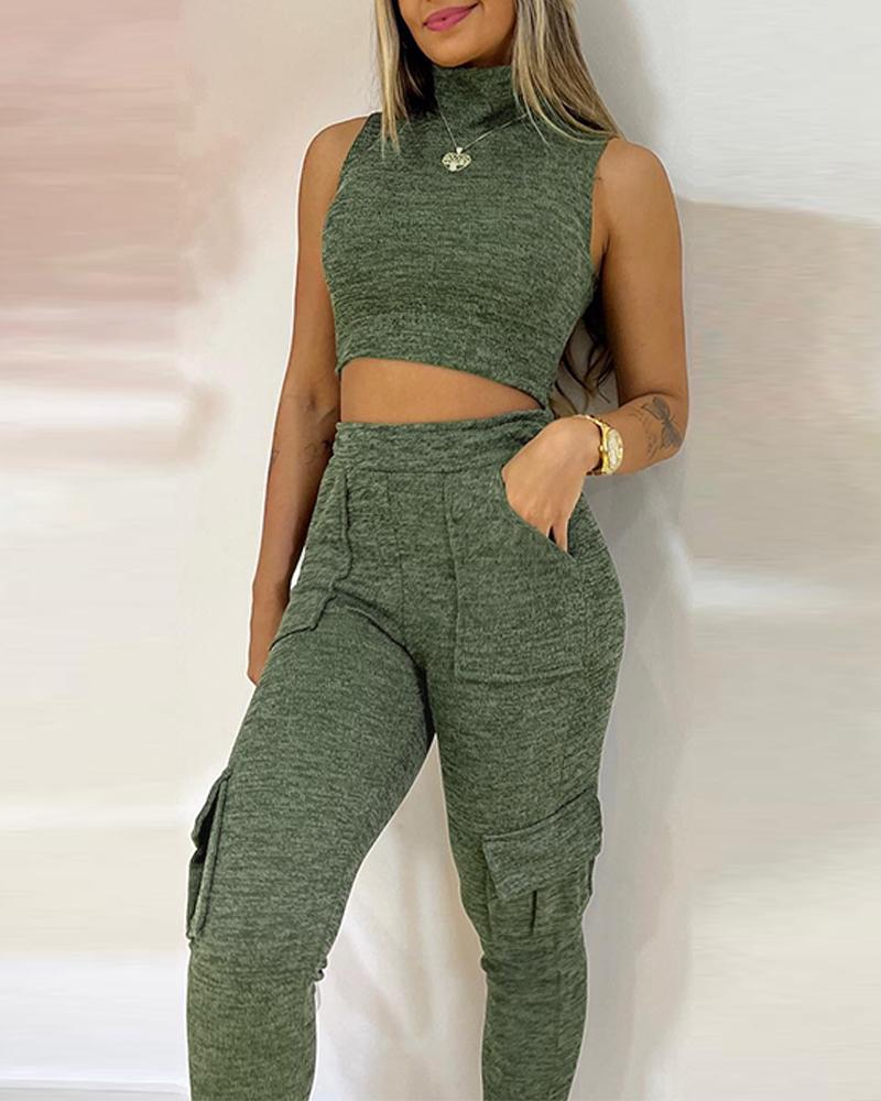 

Crop Tank Top & Pocket Design Pants Set, Green