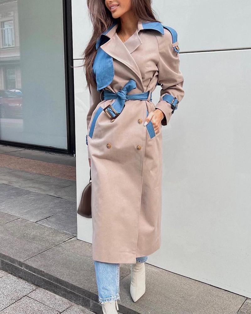 

Contrast Paneled Double Breasted Longline Coat, Khaki