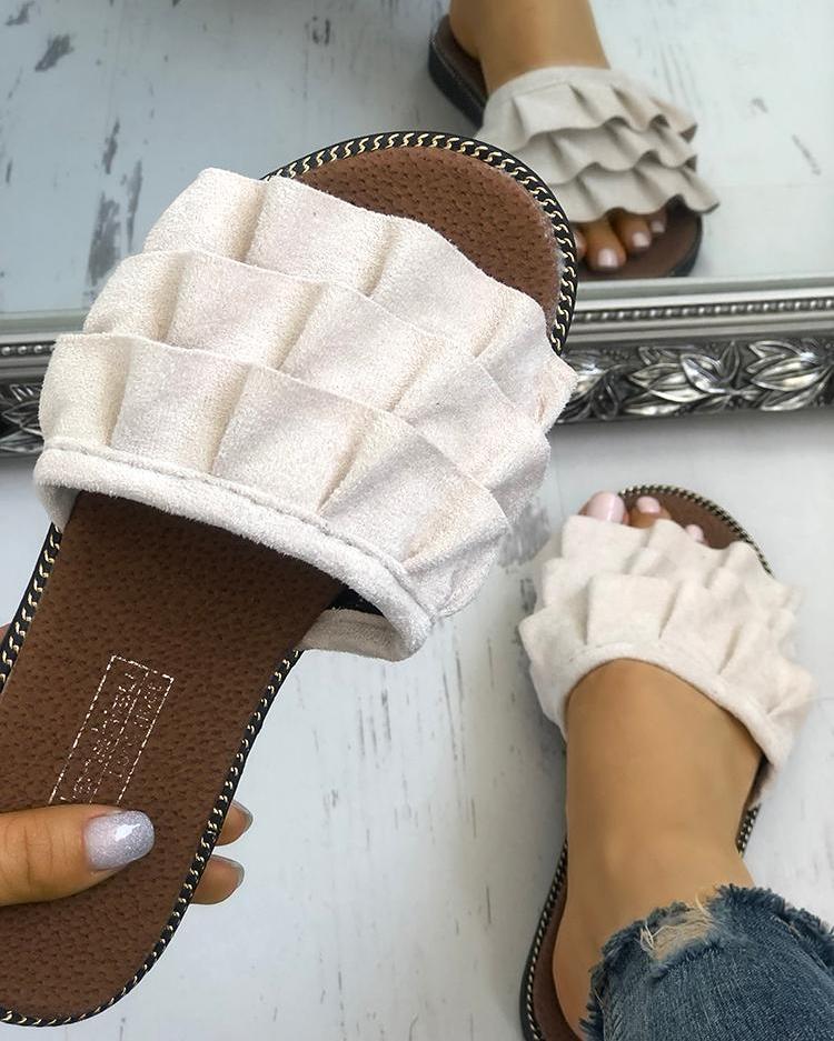 

Velvet Layered Ruffles Slide Slippers, Beige