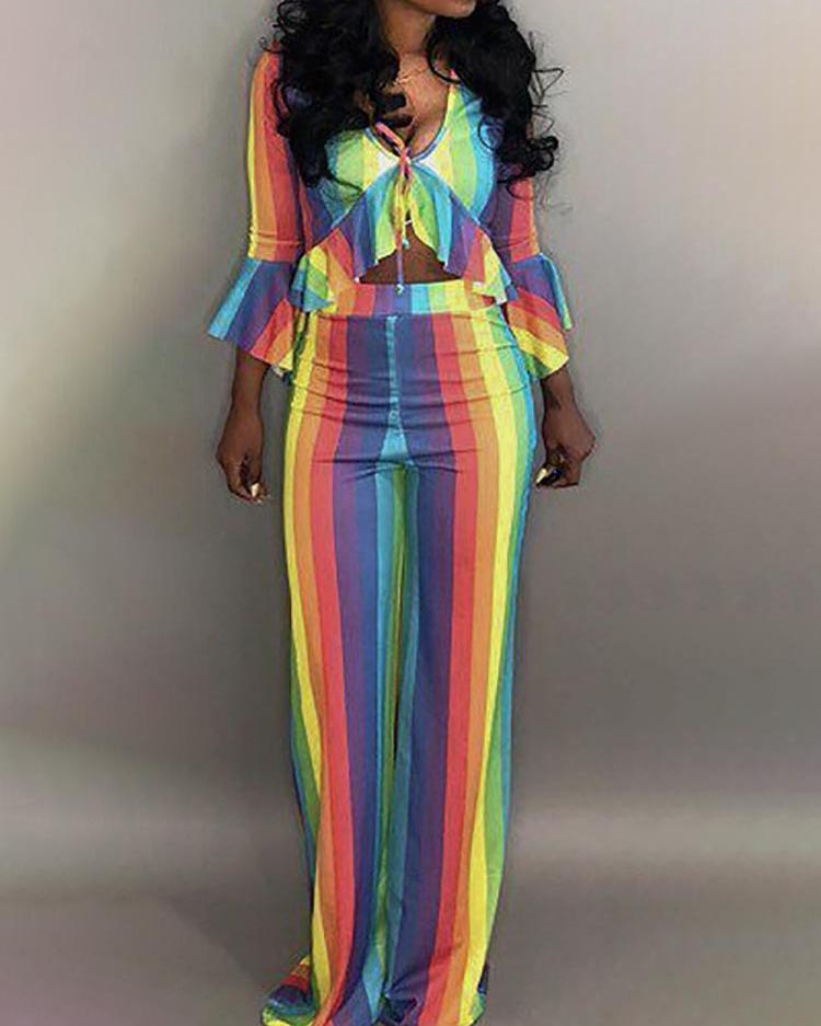 

Rainbow Striped Ruffles Tied Front Top & Pants Set, Multicolor