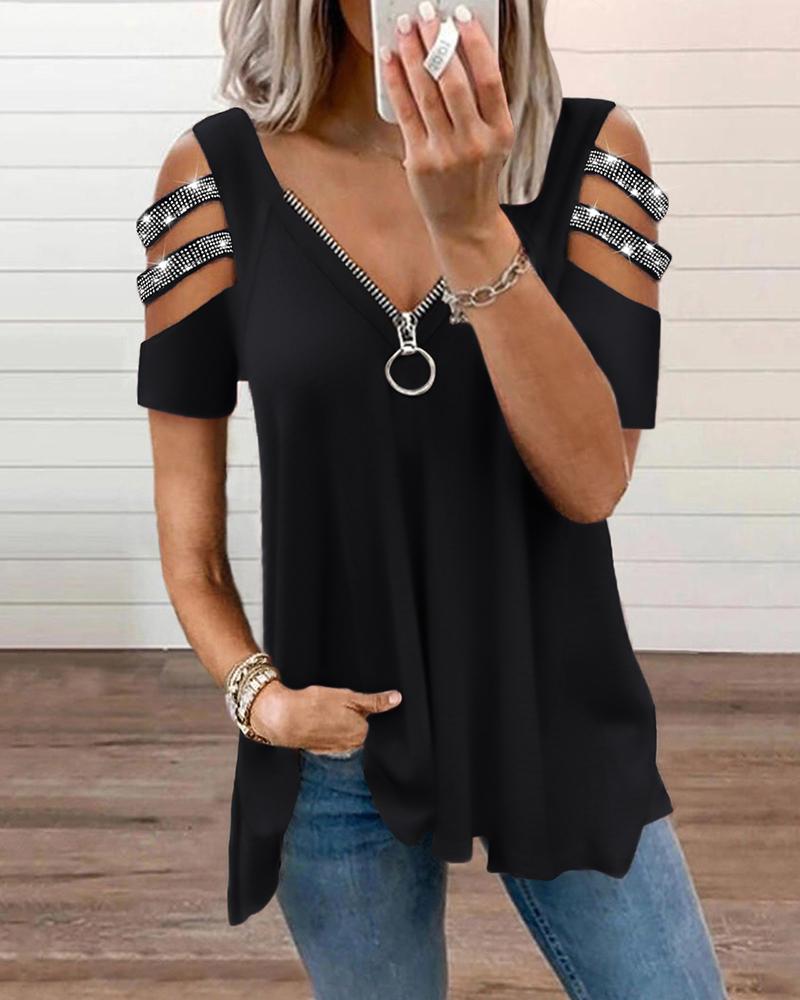 

Rhinestone Zipper Design Cutout Sleeve Top, Black