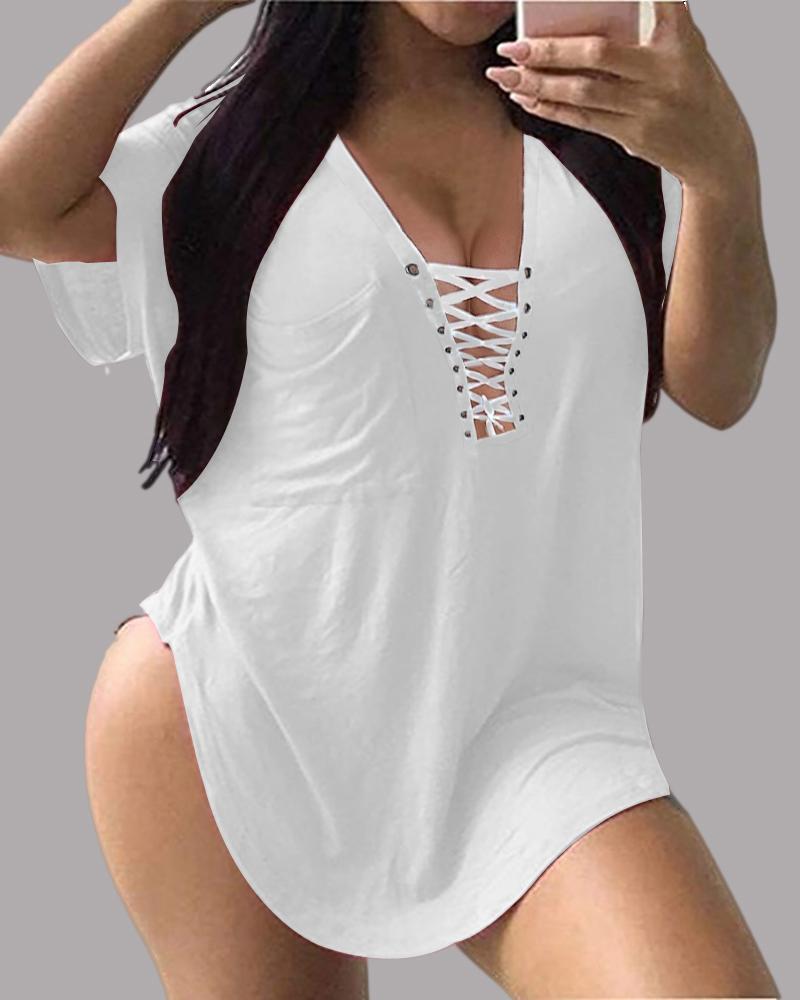 

Eyelet Lace Up V Neck Short Sleeve T-shirt, White
