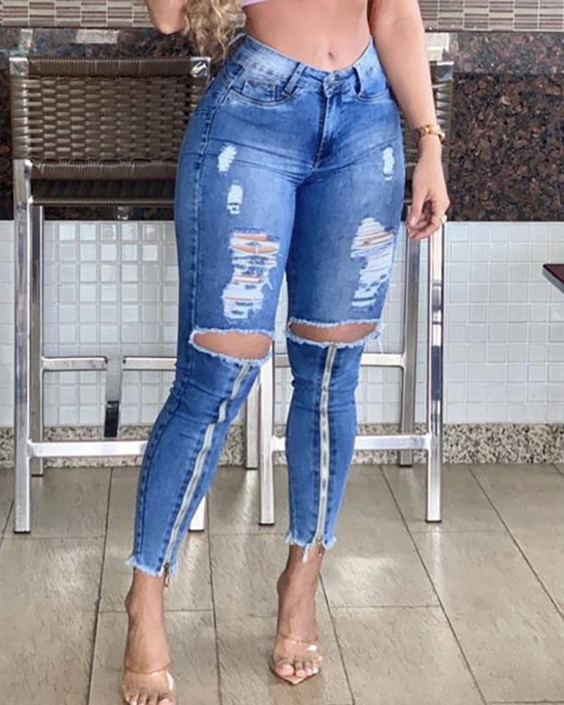 

Ripped Cutout Fringe Hem Zip Jeans, Blue