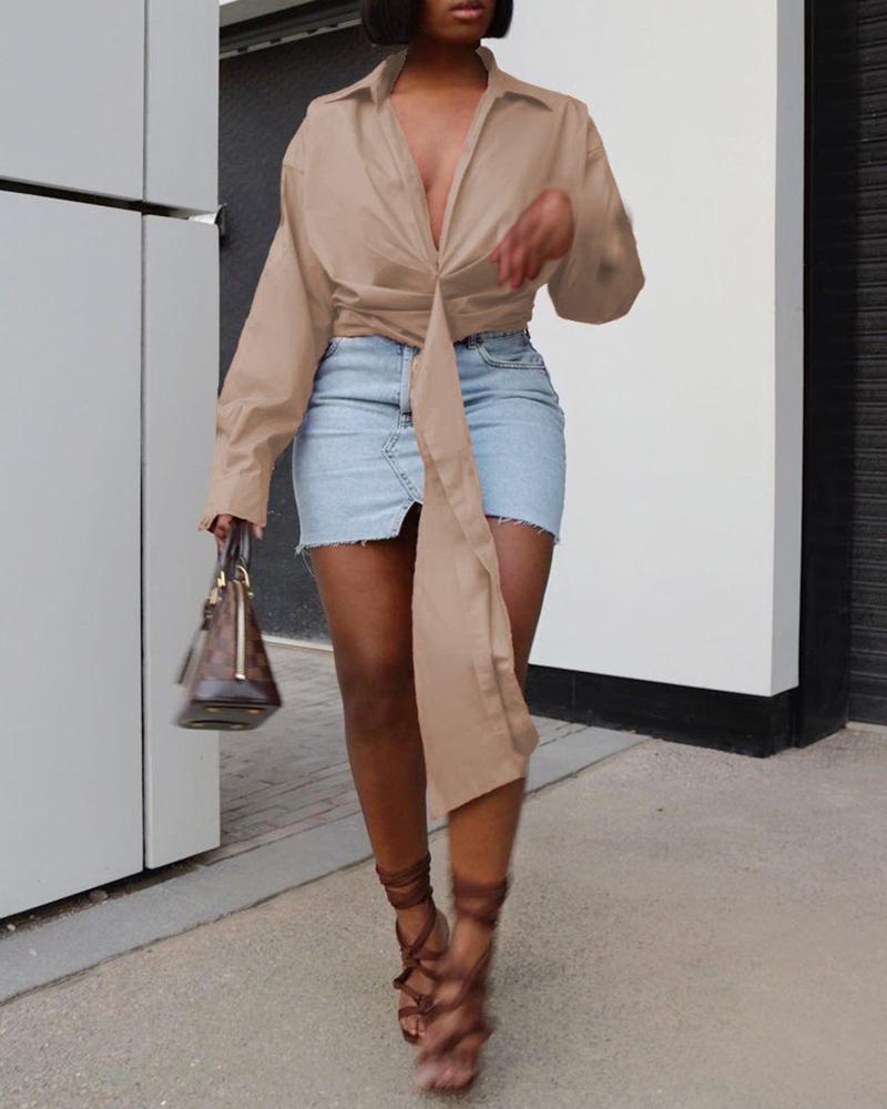 

Tie Front Ruched Long Sleeve Shirt, Beige