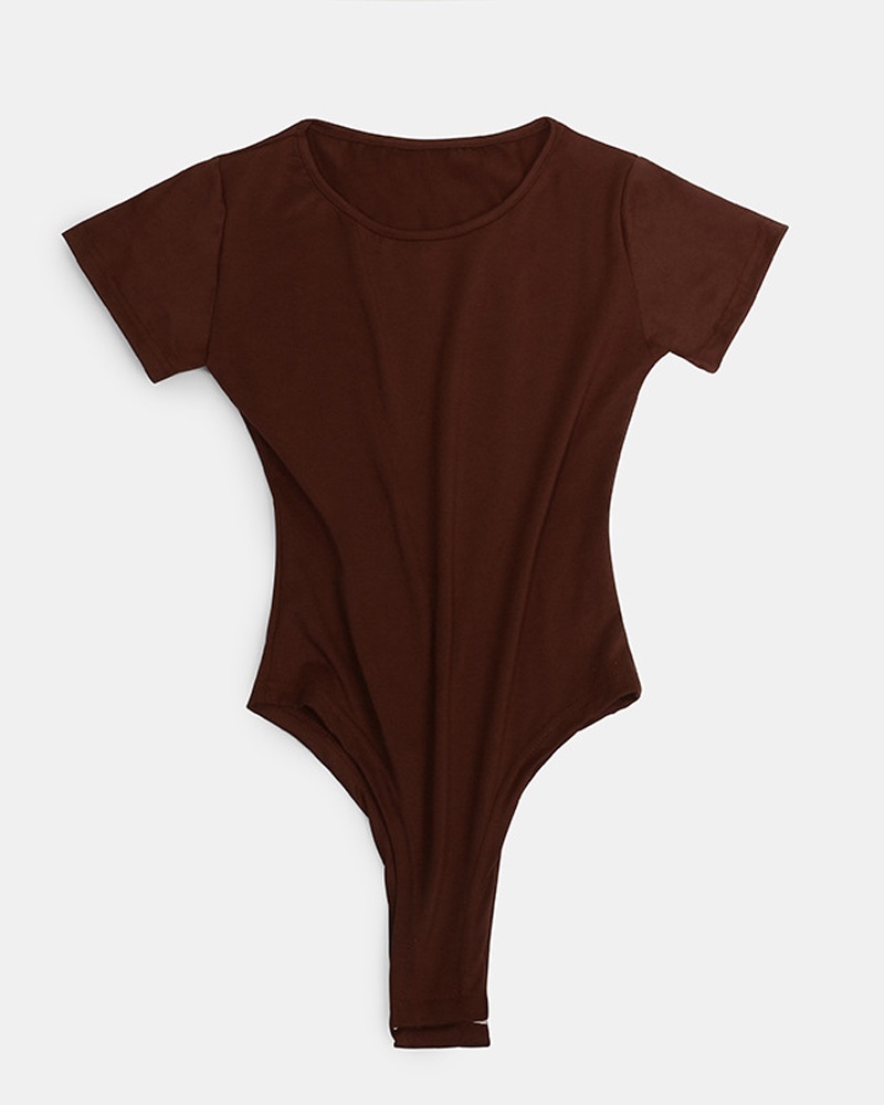 

Plain Short Sleeve Skinny Bodysuit, Brown