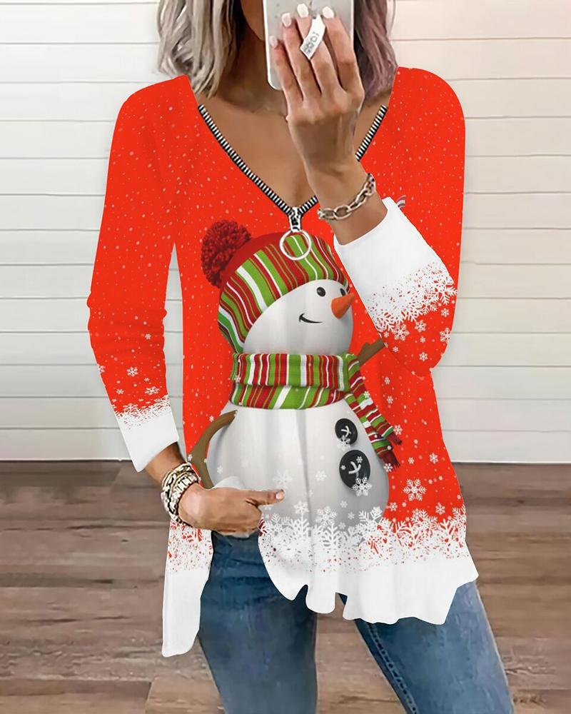 

Christmas Snowman Print Zipper Design Top, Red