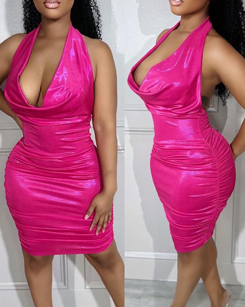 

Ruched Halter Backless Mini Dress, Hot pink