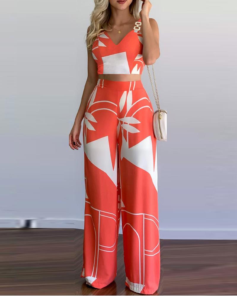 

Plants Print Chain Decor Crop Cami Top & Pants Set, Orange
