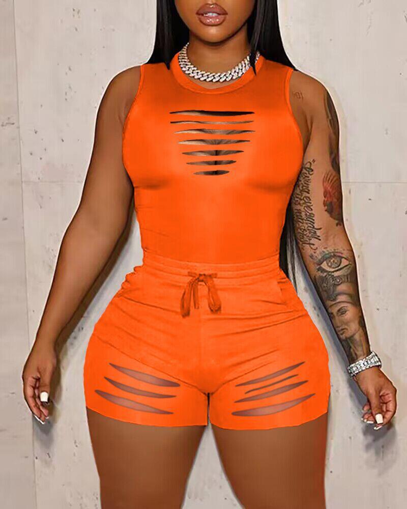 

Ladder Cutout Tank Top & Drawstring Shorts Set, Orange