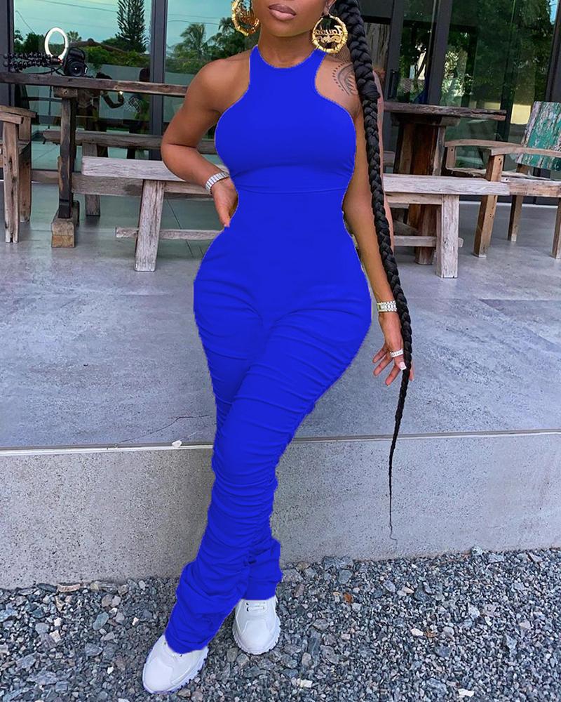 

Sleeveless Ruched O-neck Skinny Jumpsuit, Blue