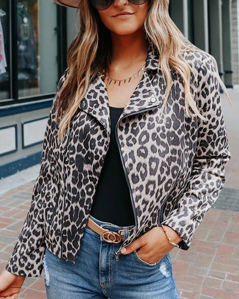 

Leopard Print Zipper Front Long Sleeve Jacket