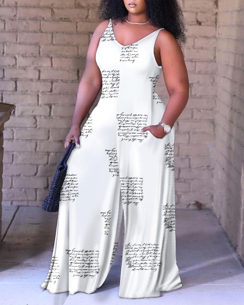 

Plus Size Letter Print Wide Leg Jumpsuit, White