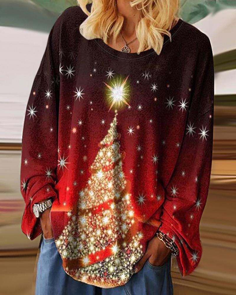 

Christmas Tree Print Long Sleeve Casual Top, Red