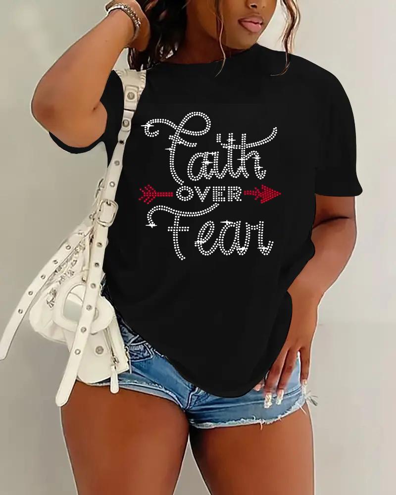 

Plus Size Faith Over Fear Rhinestone Casual T-shirt, Black