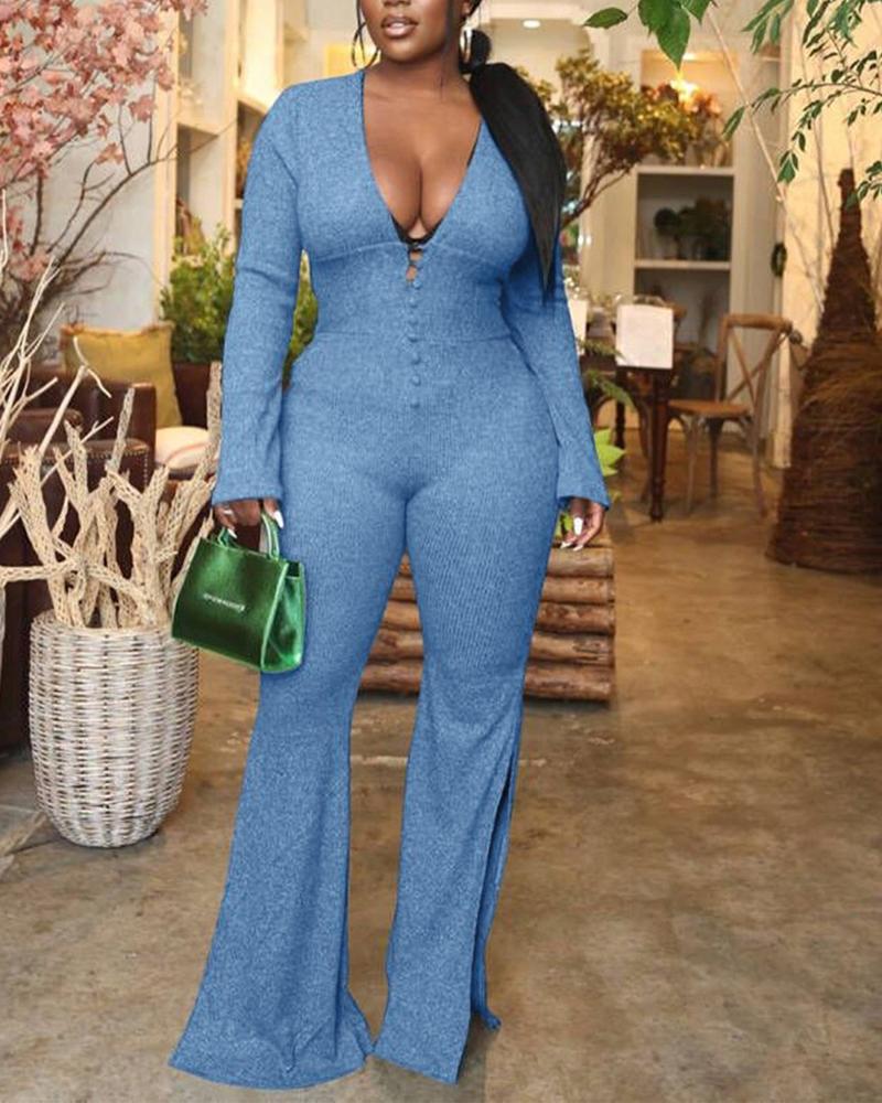 

Ribbed V-Neck Button Detail Split Hem Jumpsuit, Blue