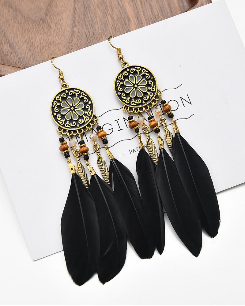 

1Pair Clan Feather Decor Tribal Pattern Retro Hoop Earrings, Black