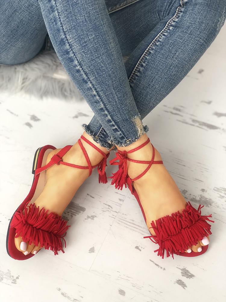 

Strappy Tassel Open Toe Flat Sandals, Red
