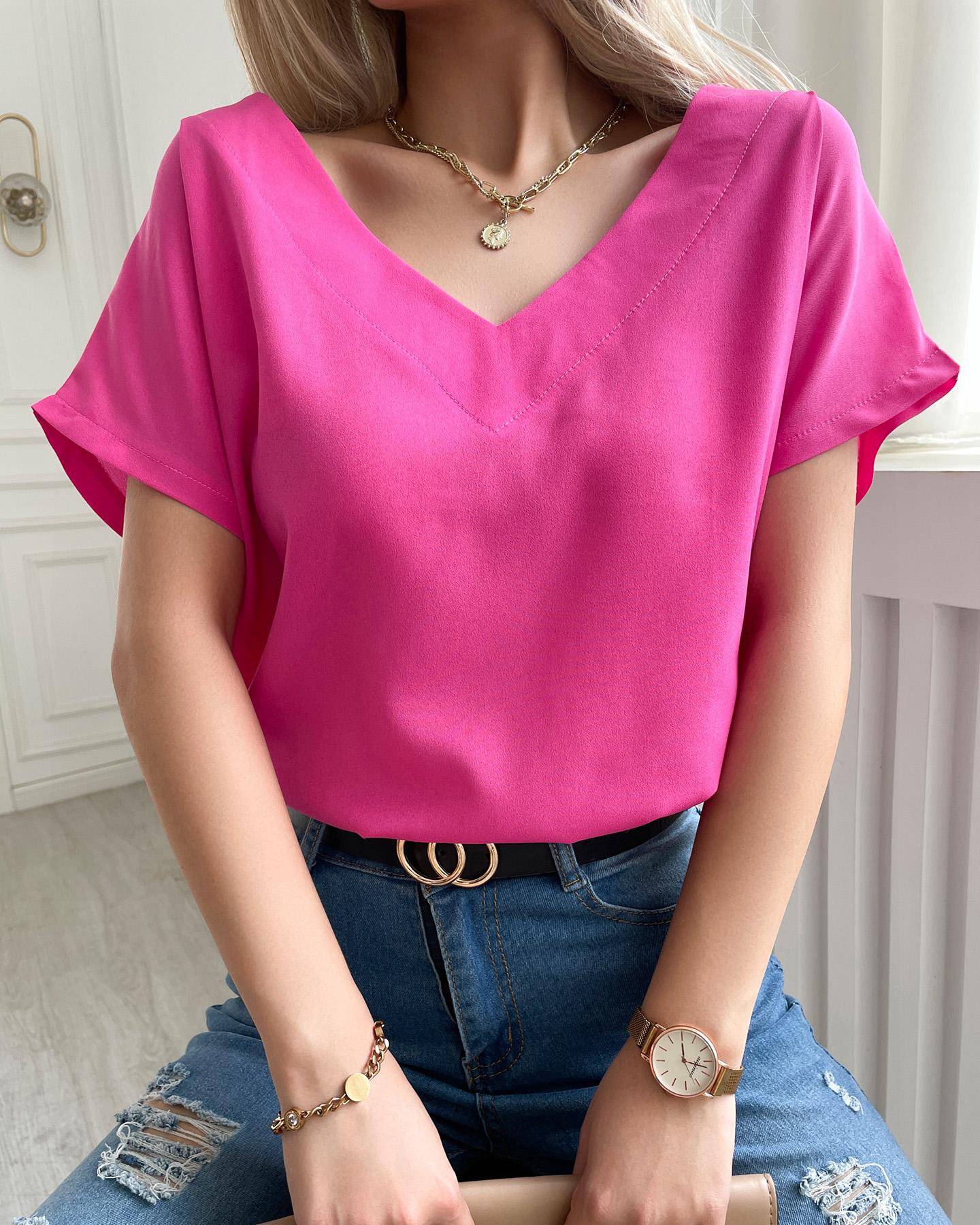 

V-Neck Short Sleeve Casual Top, Hot pink