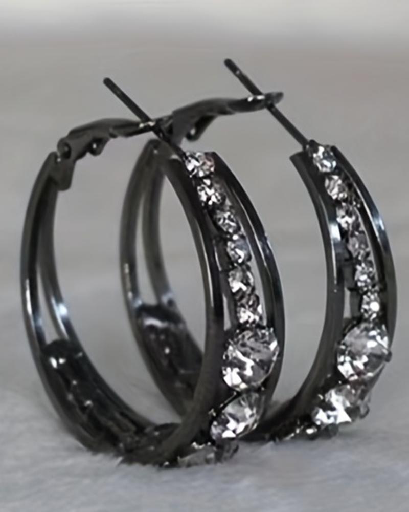 

1Pair Exquisite Rhinestone Decor Large Circle Hoop Earrings, Black