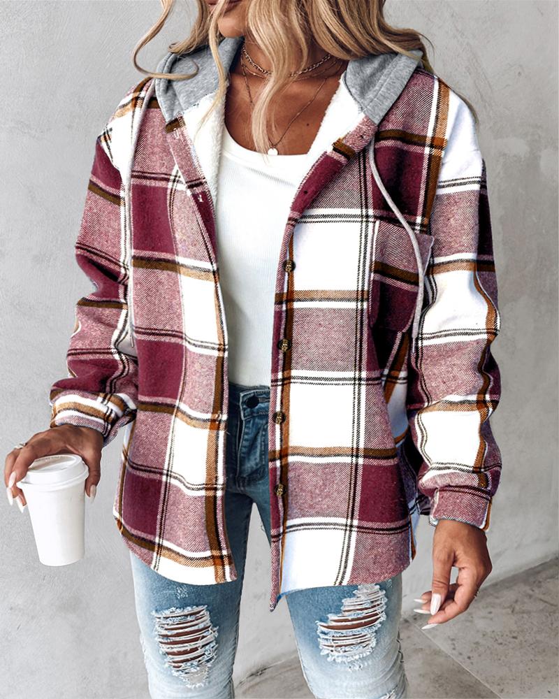 

Jaqueta com capuz plus size, estampa xadrez, botões frontais, forro térmico, cordão, design casual de bolso, ombro caído, Red