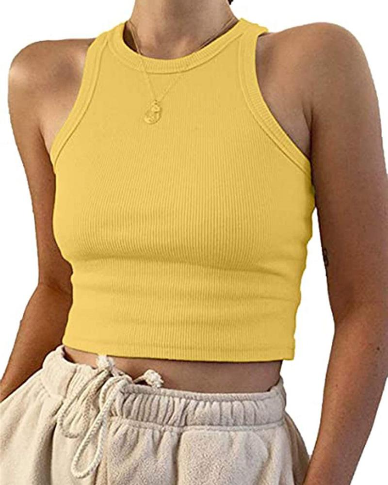 

Crew Neck Crop Basics Tank Top, Yellow