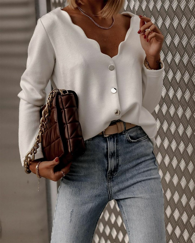 

Scallop Trim Button Front Long Sleeve Top, White