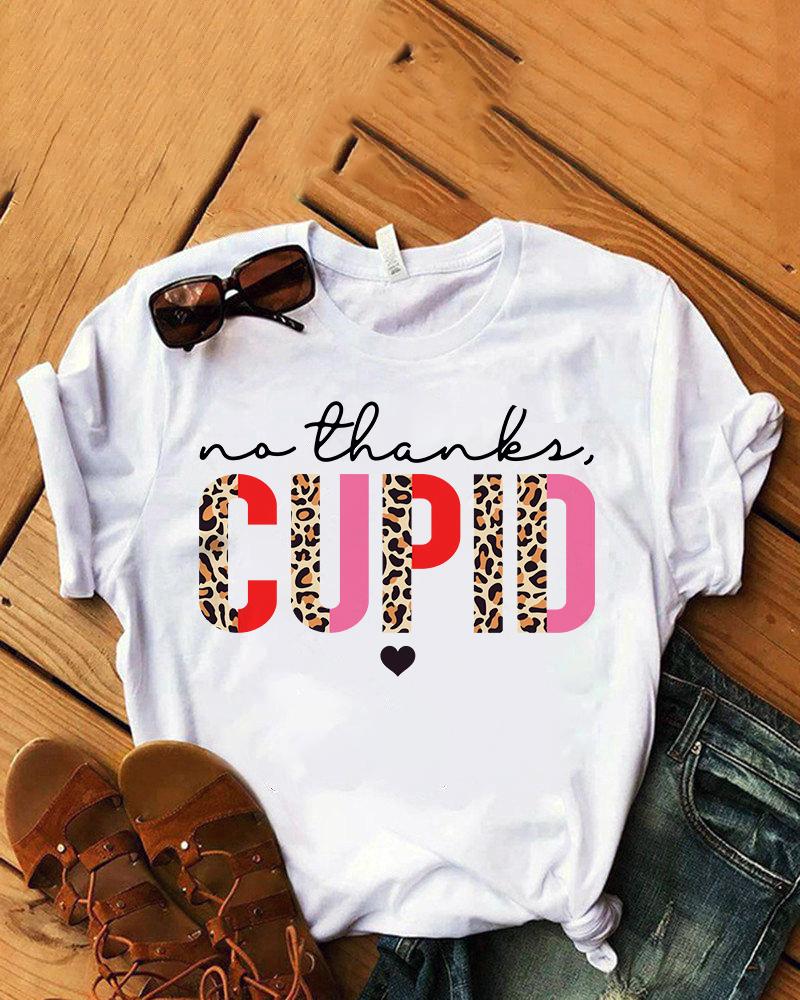 

Valentine's Day Cheetah Heart Letter Print O-Neck T-shirt, White