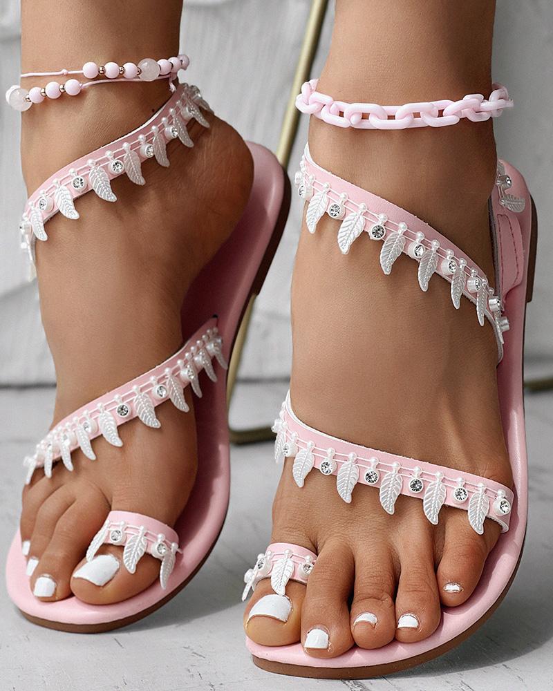 

Sandalias con tira en el dedo y diseño degradado de arcoíris con estampado de hojas, Pink