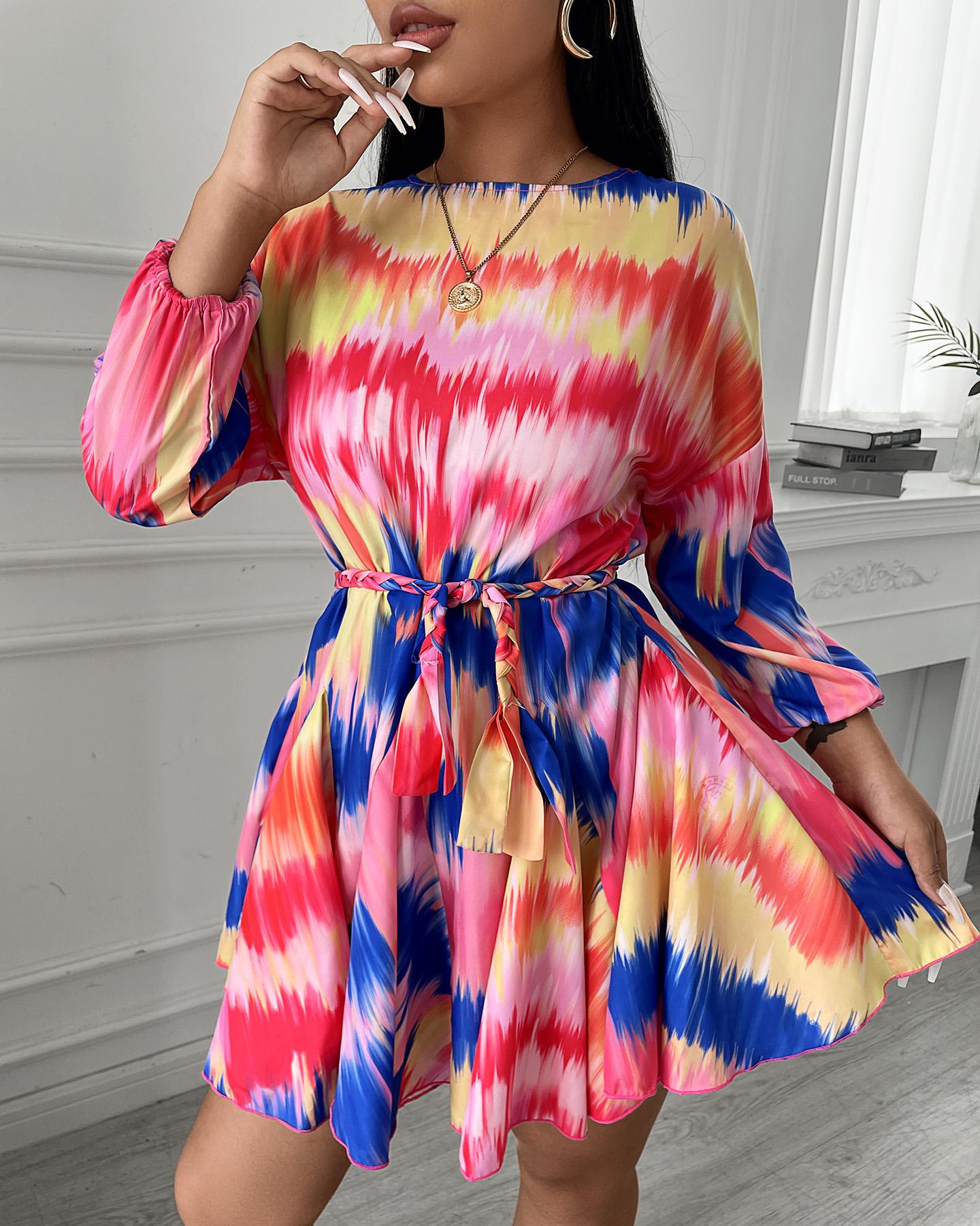 

Tie Dye Lantern Sleeve Mini Dress, Multicolor