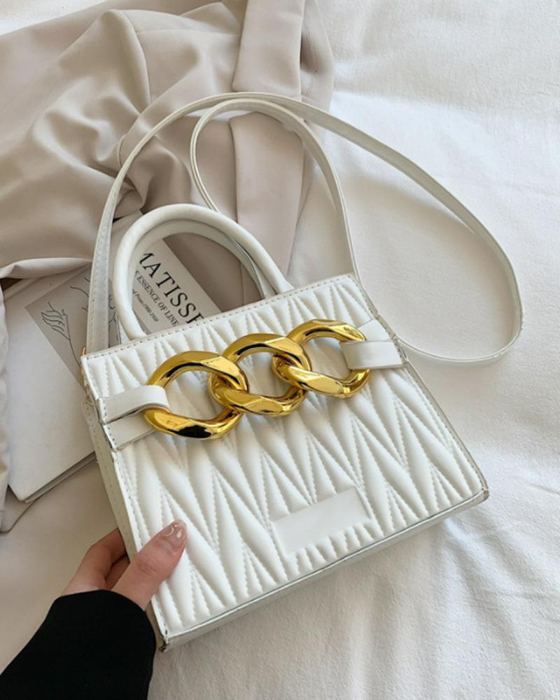 

Chain Decor Quilted Shoulder Bag With Handle, White
