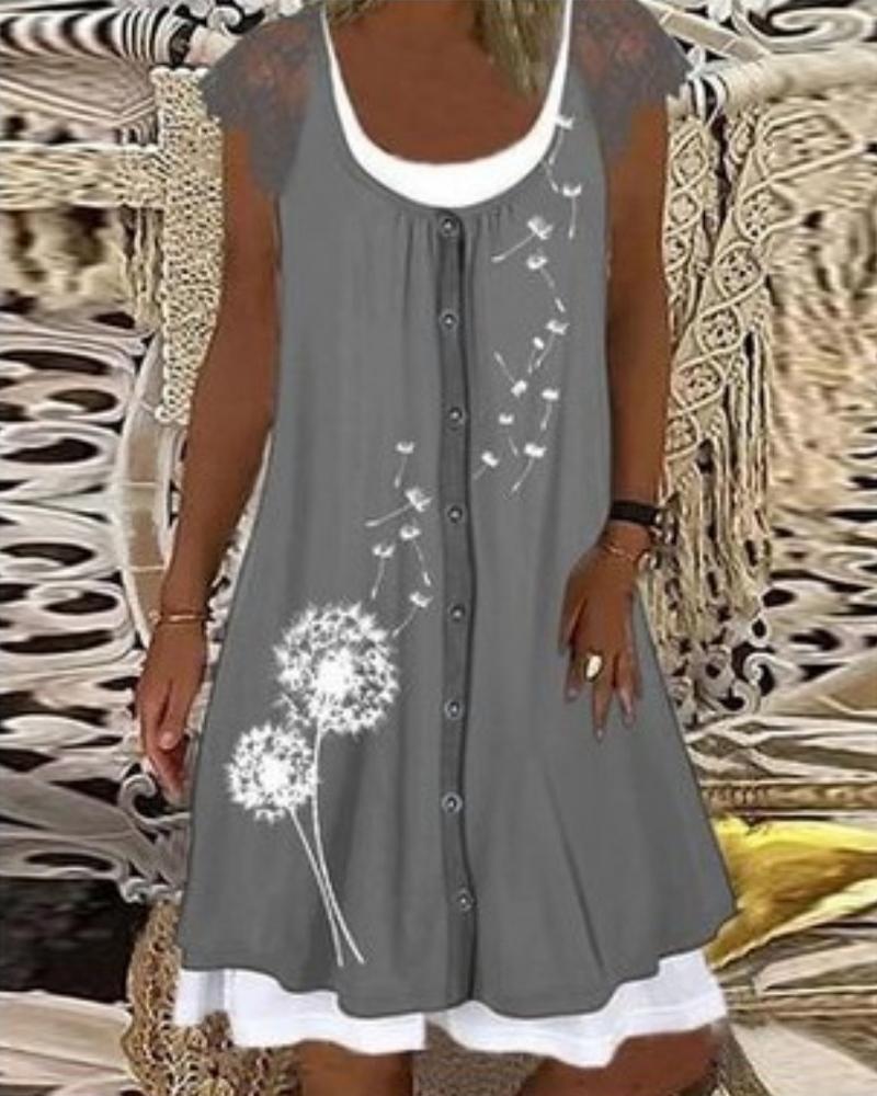 

Dandelion Print Contrast Lace Casual Dress, Gray