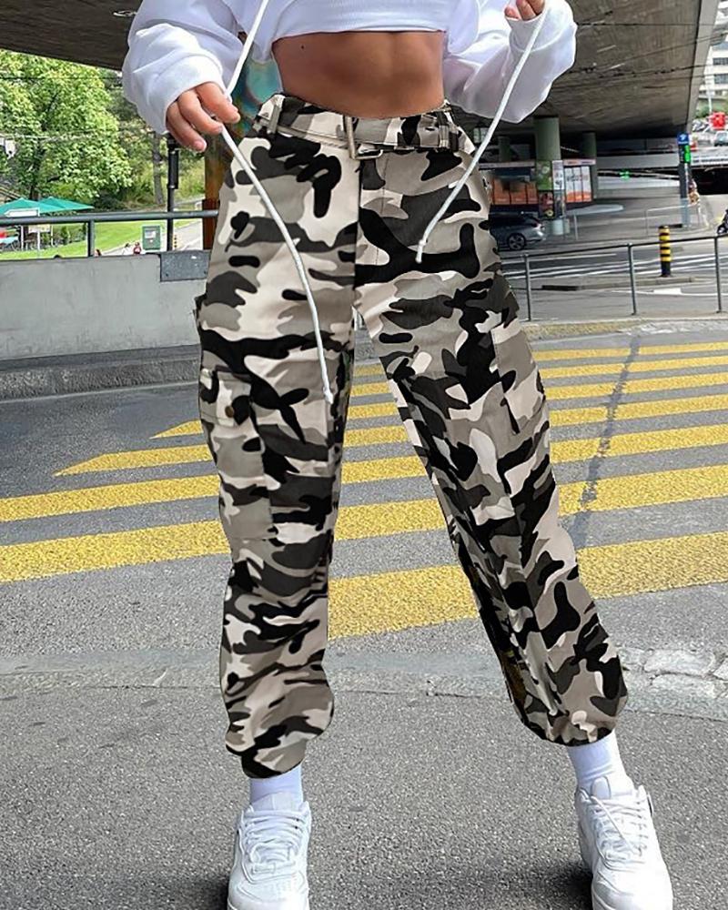

Camouflage Print High Waist Casual Cargo Pants, Gray