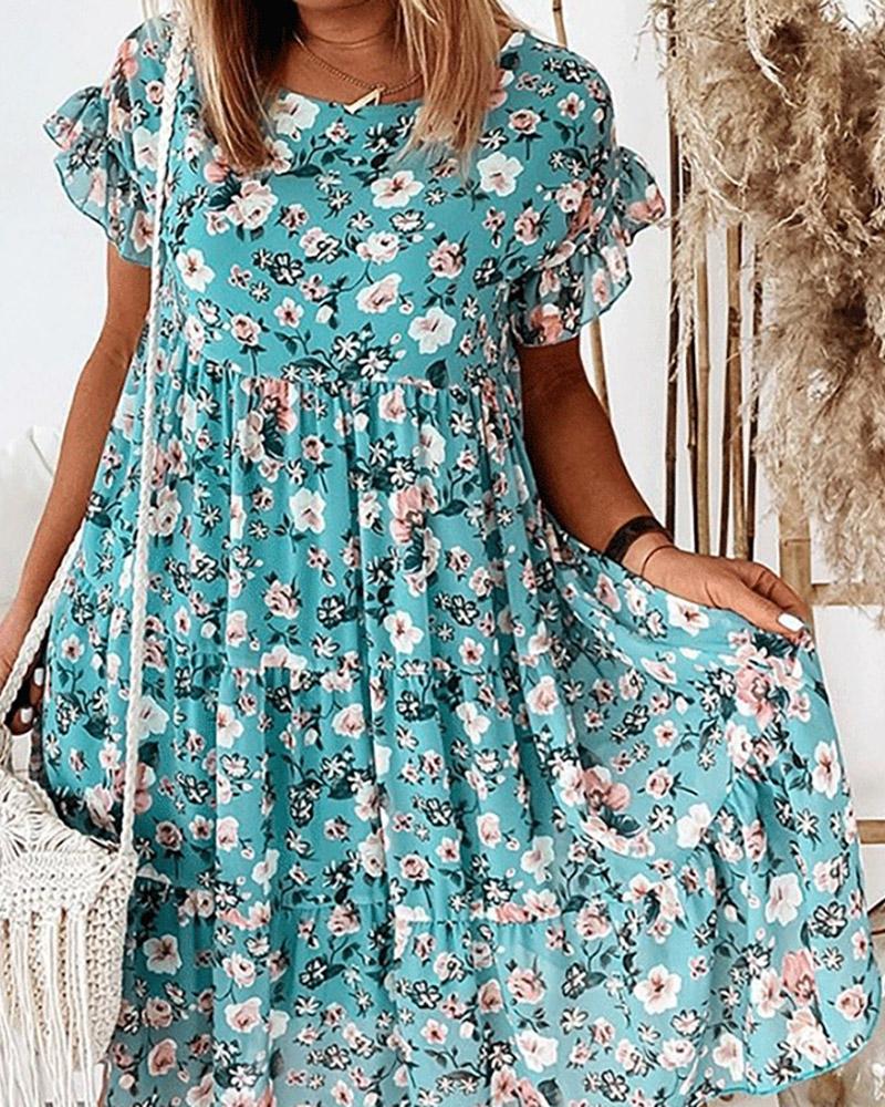 

Floral Print Short Sleeve Ruffles Dress, Blue