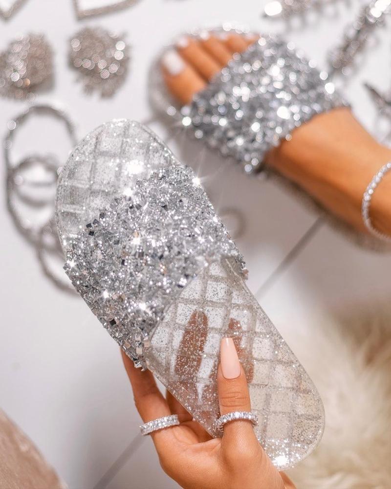 

Open Toe Glitter Rhinestone Flat Slippers, Silver