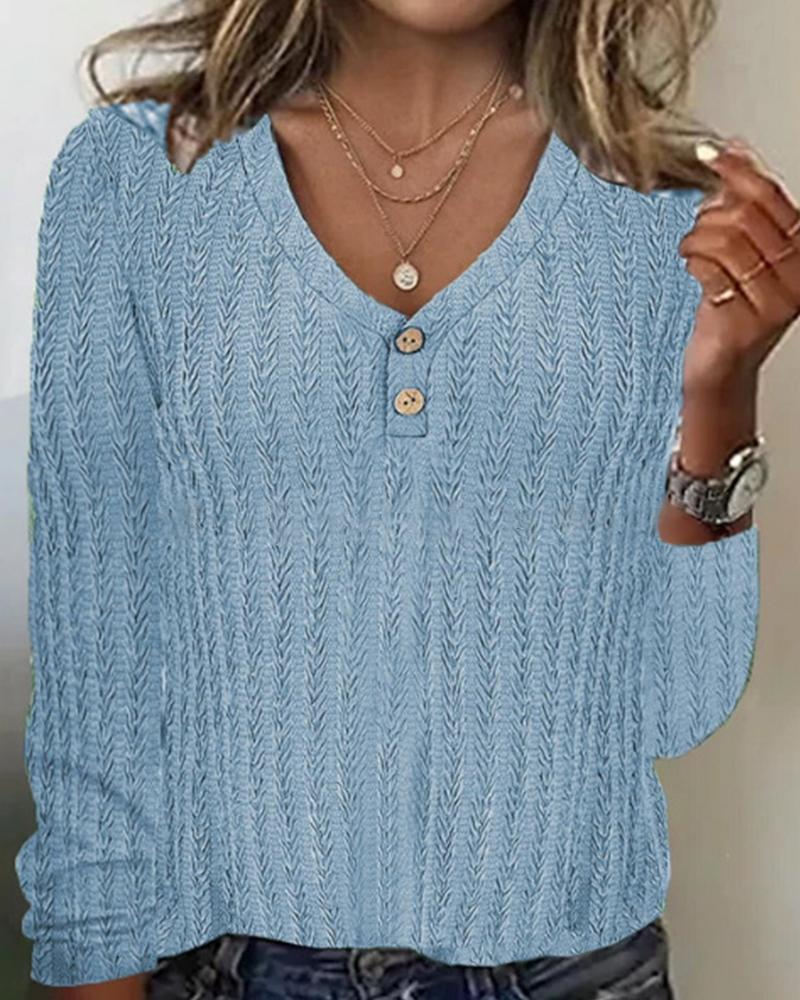 

V-Neck Buttoned Cable Textured Top, Blue