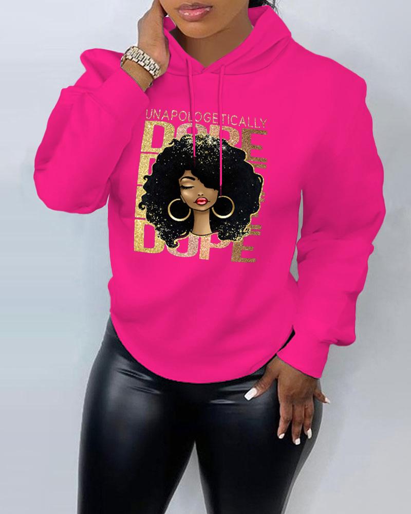 

Plus Size Letter Figure Print Drawstring Hoodie, Hot pink