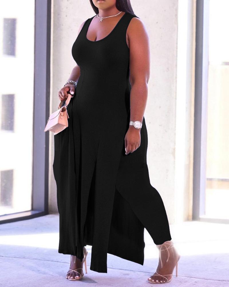 

Plus Size High Slit Longline Tank Top & Pants Set, Black