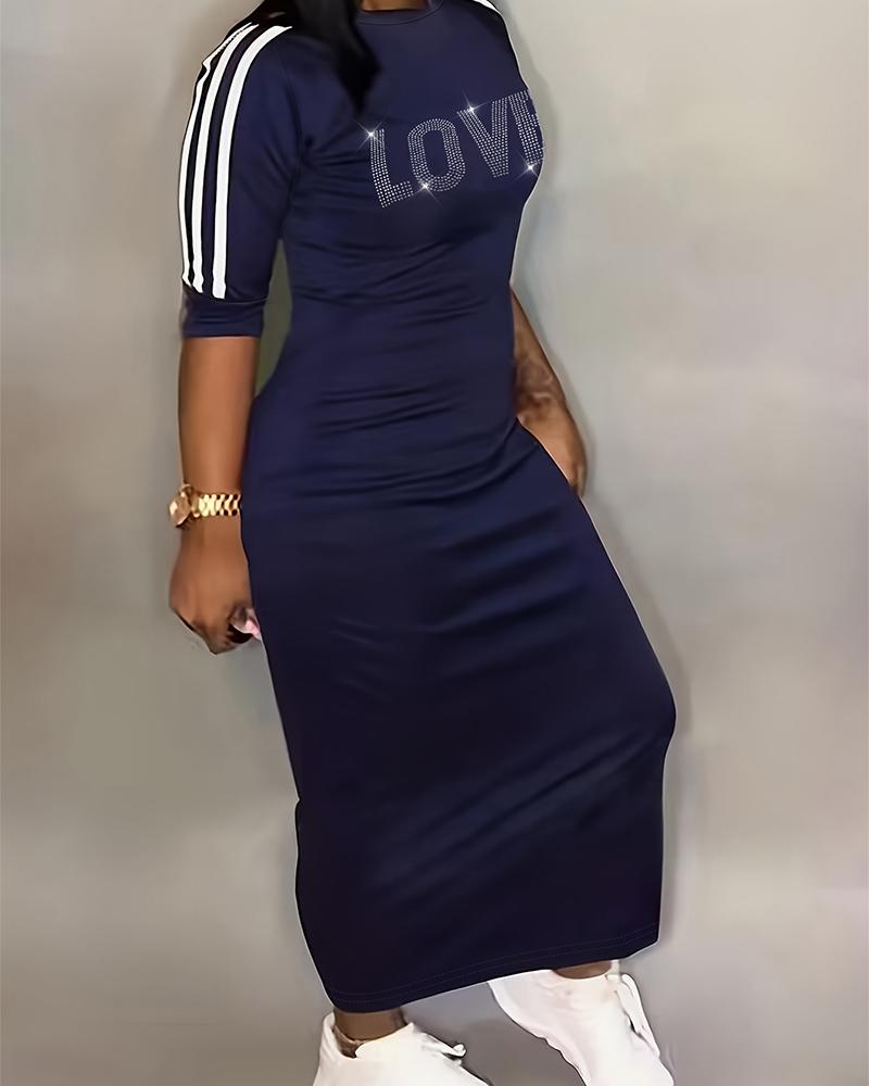 

Plus Size Striped Rhinestone Love Pattern Casual Dress, Purplish blue