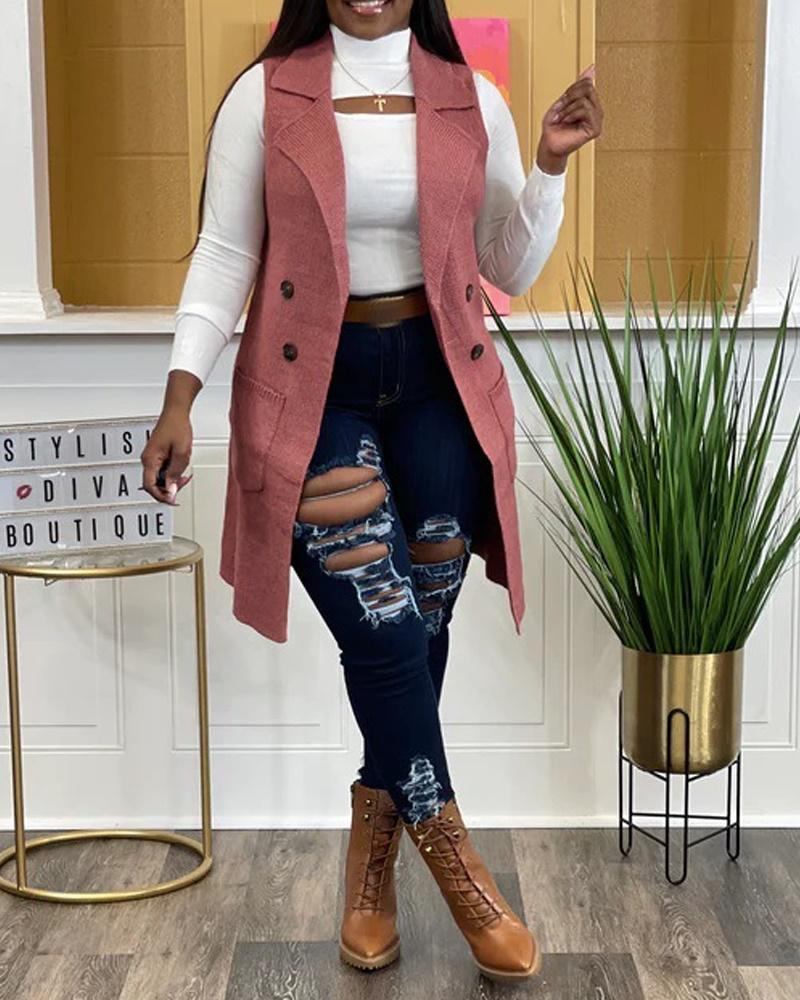 

Double Breasted Patch Pocket Cardigan Vest, Pink