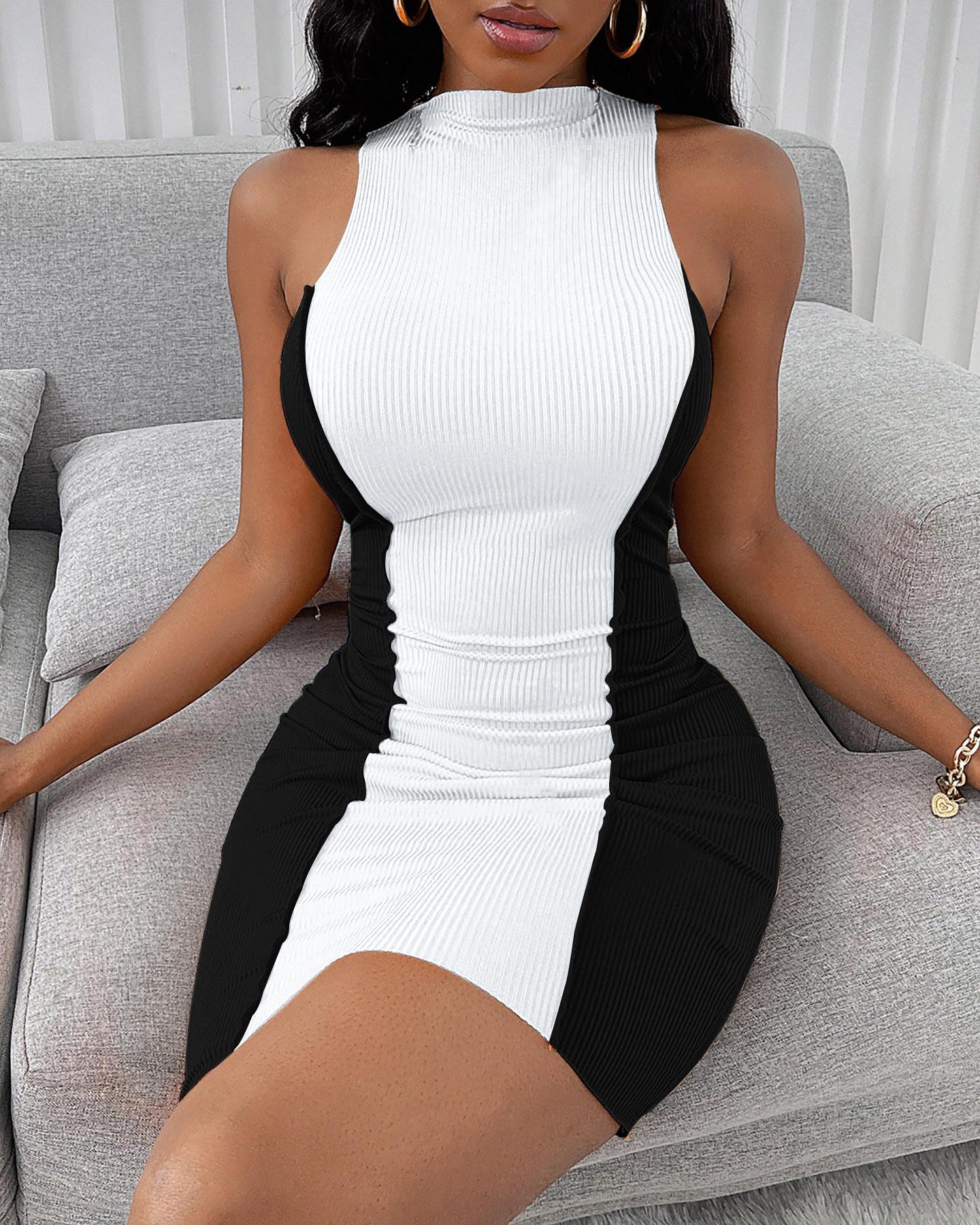 

Ribbed Sleeveless Patchwork Bodycon Dress, White