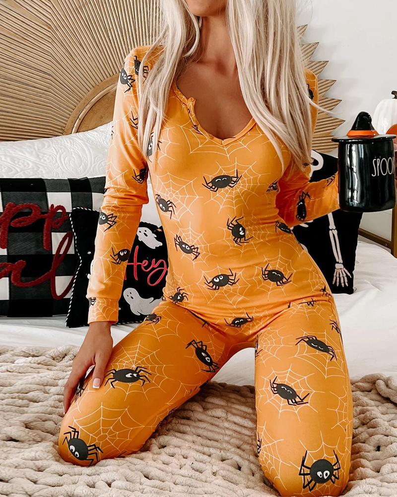 

Halloween Spider Print Long Sleeve Adult Onesie, Orange