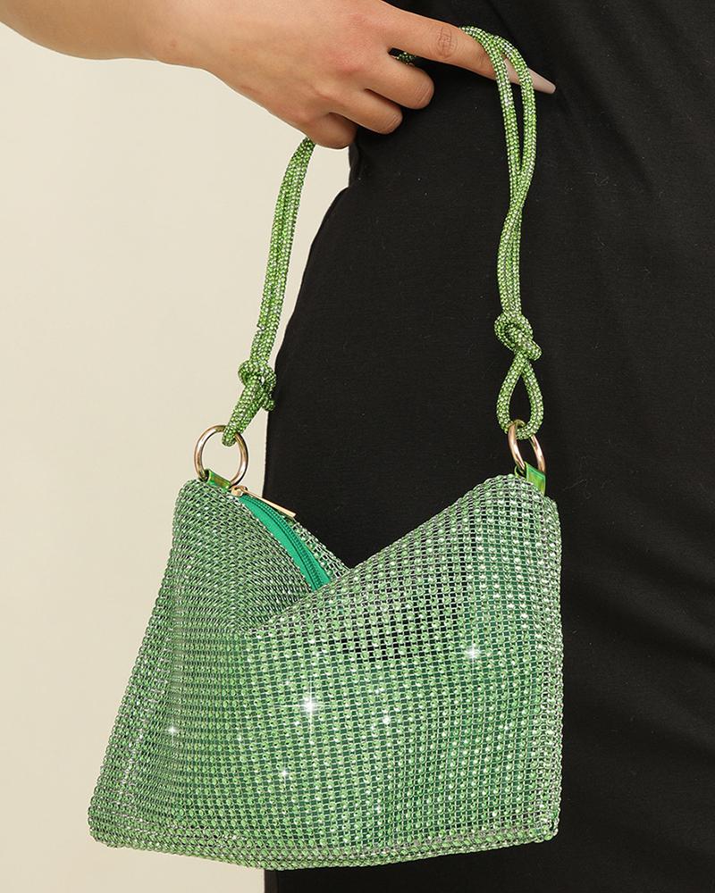

Allover Rhinestone Zipper Design Evening Shoulder Bag, Green