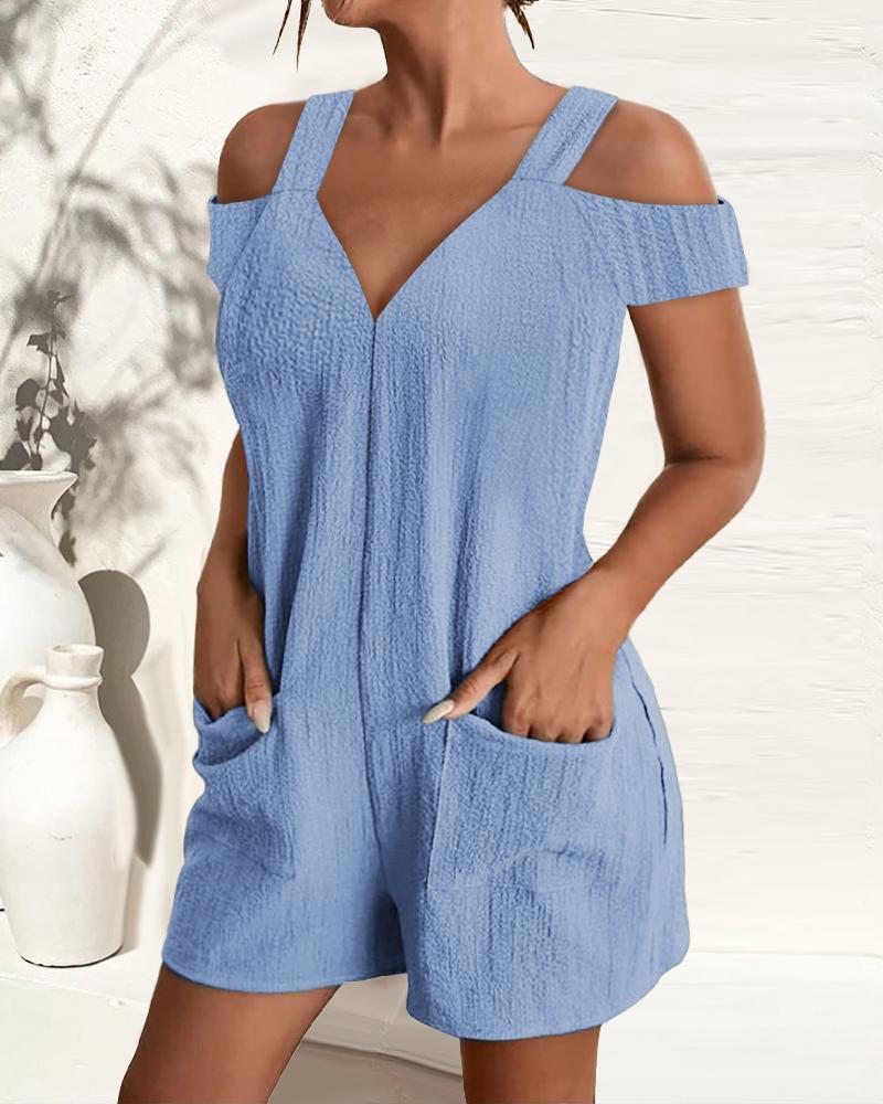 

Cold Shoulder Pocket Design Casual Romper, Blue