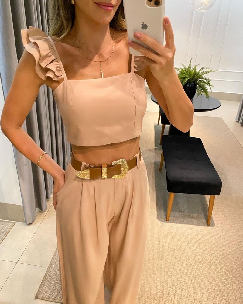 

Flutter Sleeve Crop Top & Wide Leg Pants Set, Khaki