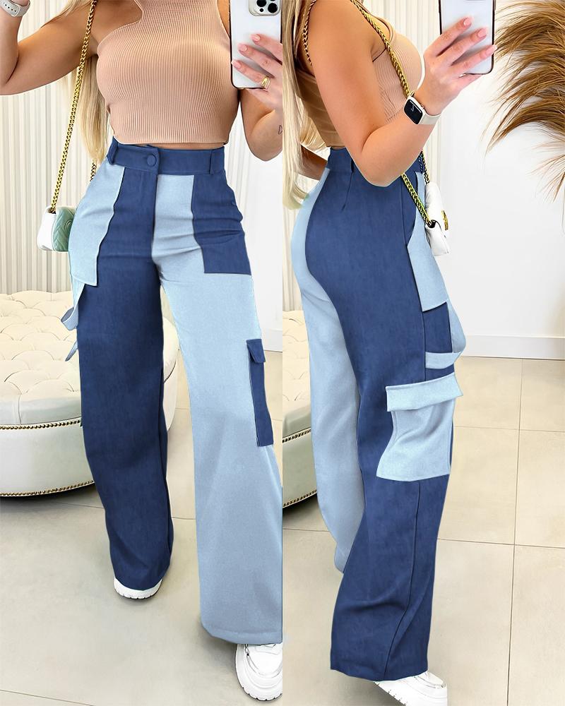 

Colorblock Patchwork Wide Leg Cargo Pants, Blue