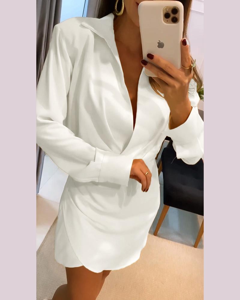 

Turn-down Collar Ruched Wrap Casual Dress, Beige