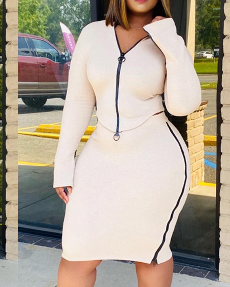 

Zipper Design Long Sleeve Top & Skirt Set, White